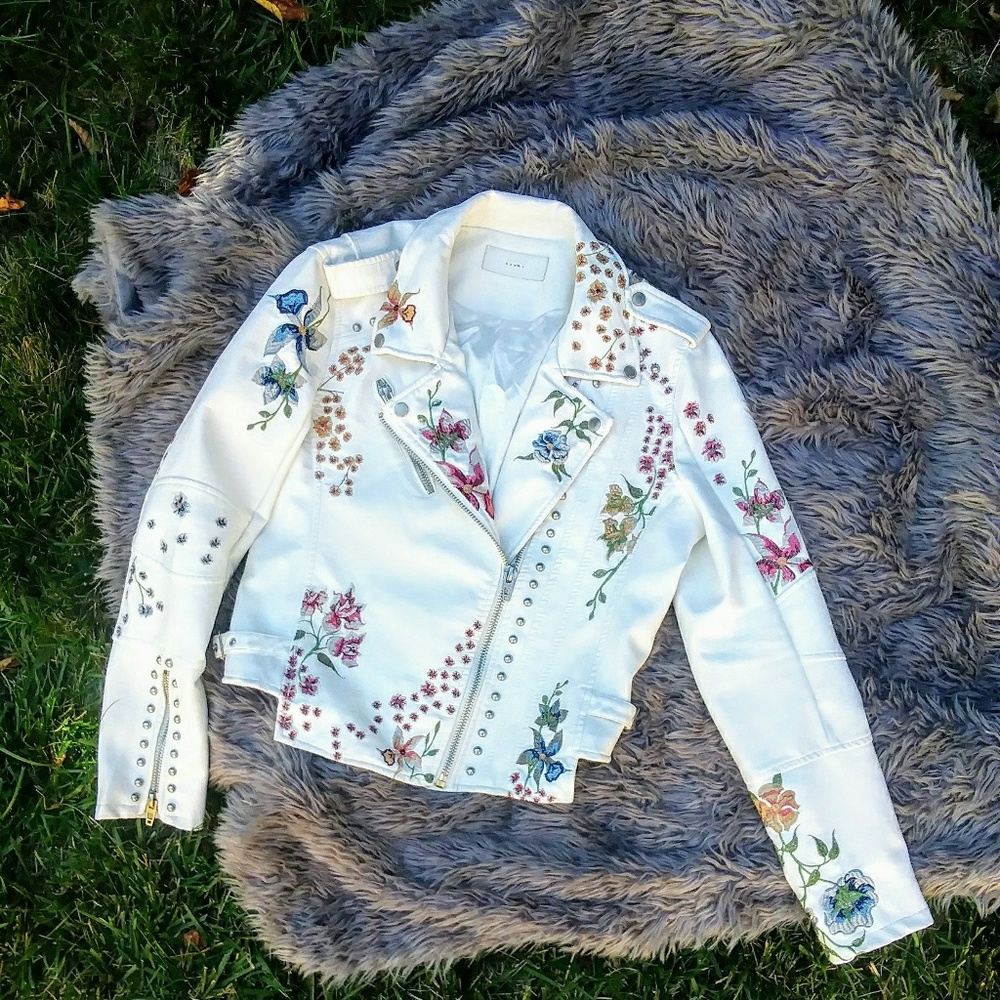 Blank NYC Chic White Embroidered Leather Jacket